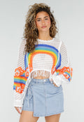 Witte Gehaakte Trui met Regenboog Print en Franjes