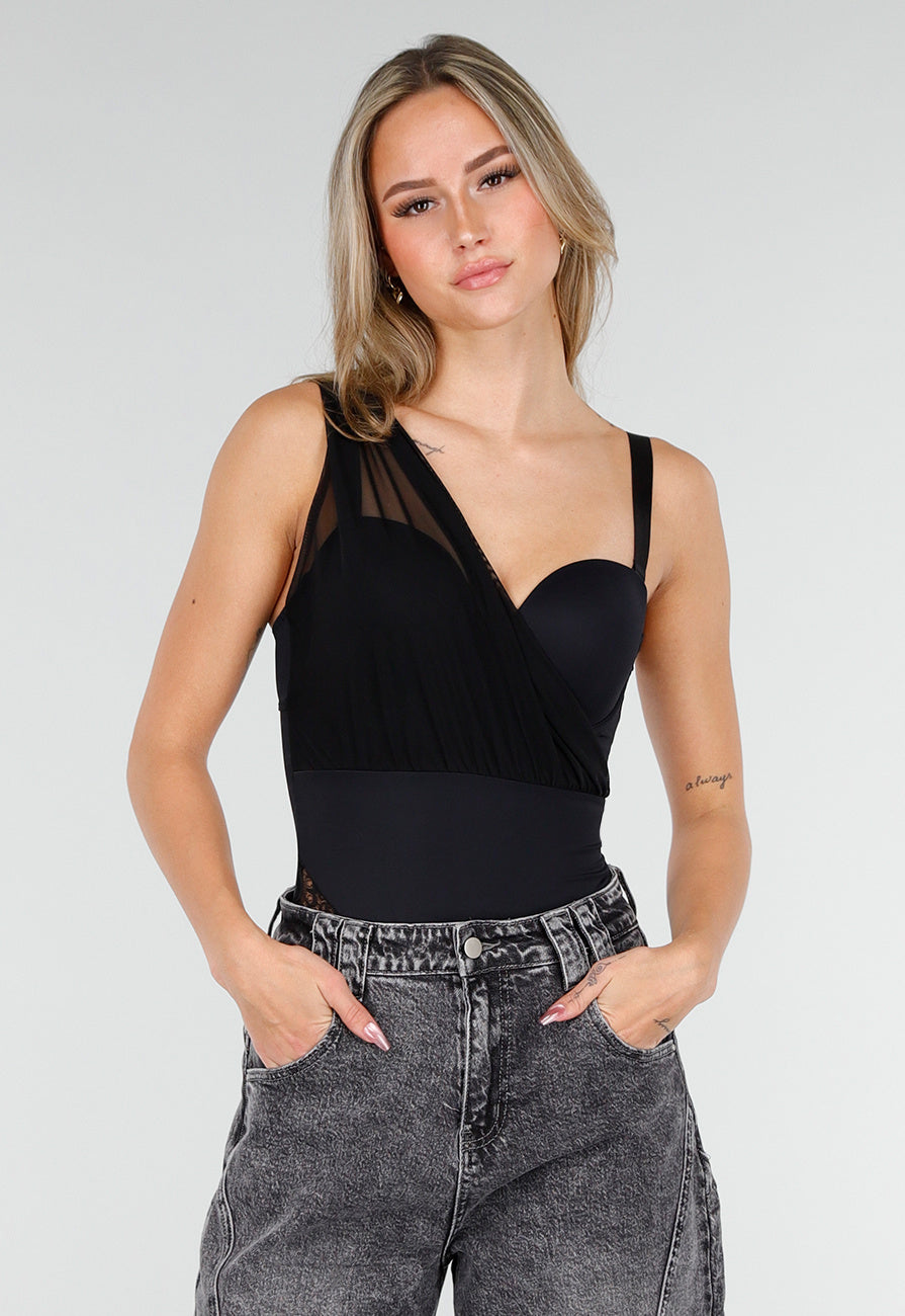 Zwarte Lingerie Mesh Body met One Shoulder en Kantaccenten