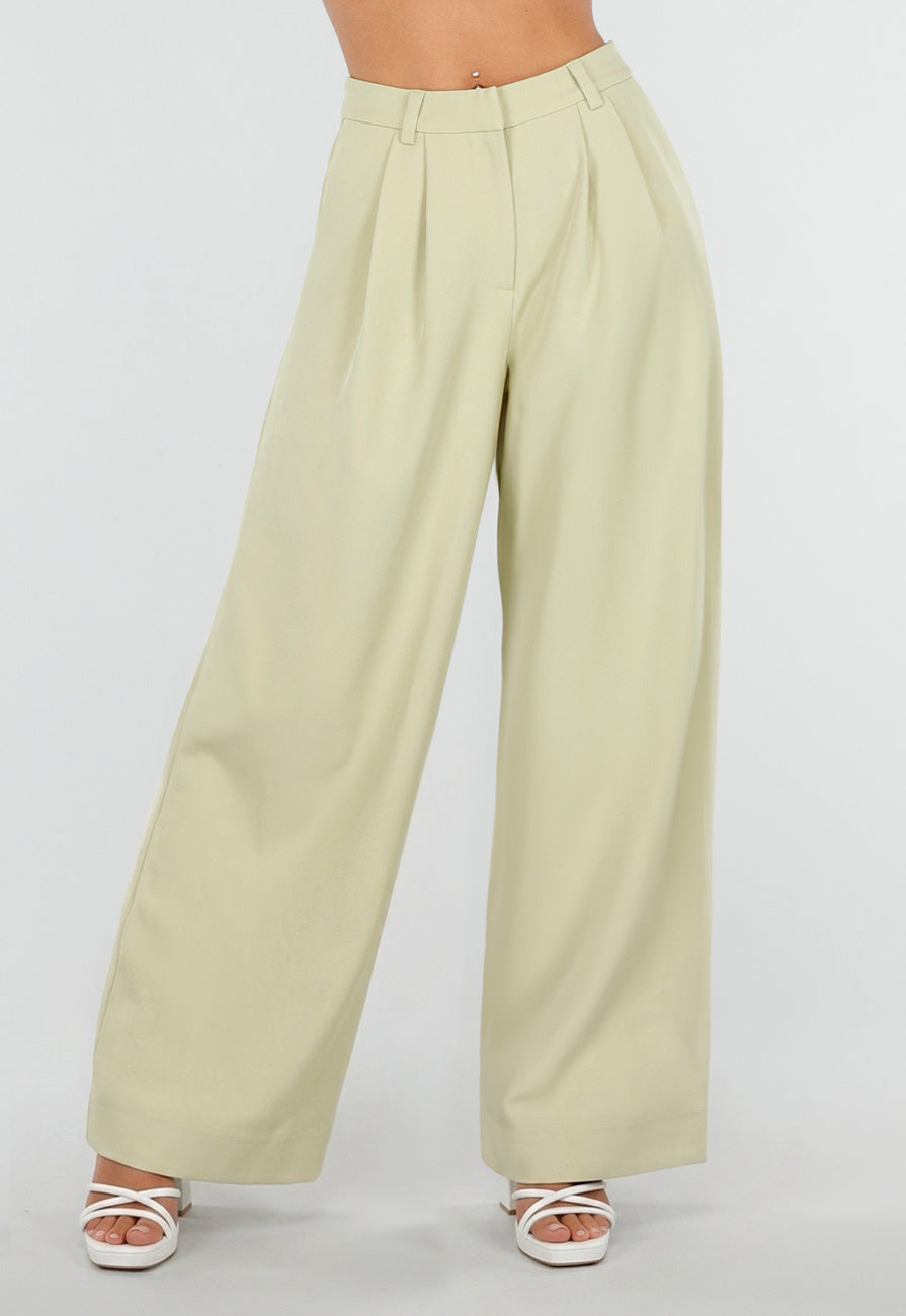 NEW190826 Pistachegroene Petite Wide Leg Broek met Plooien