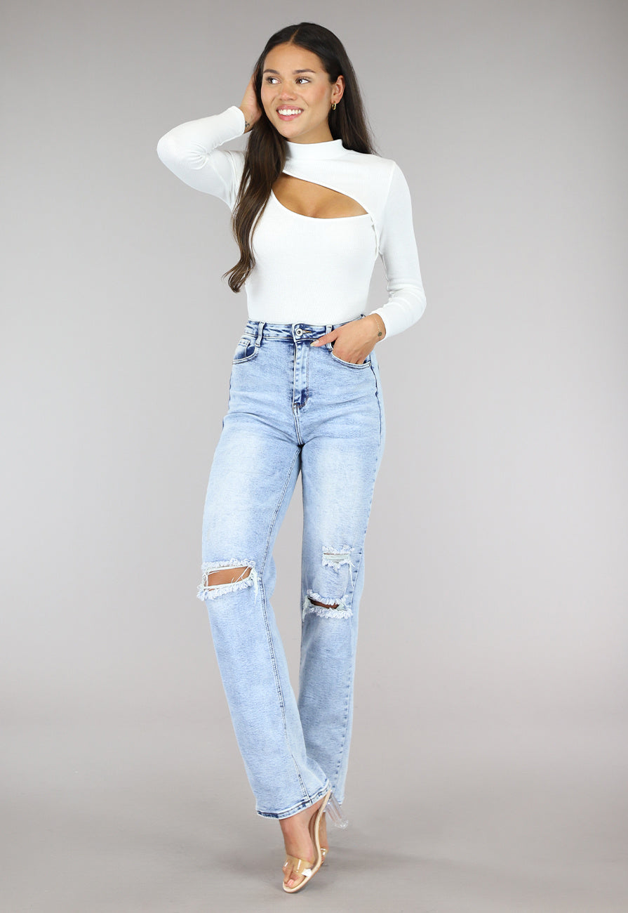 Witte Rib Bodysuit met Uitsnede