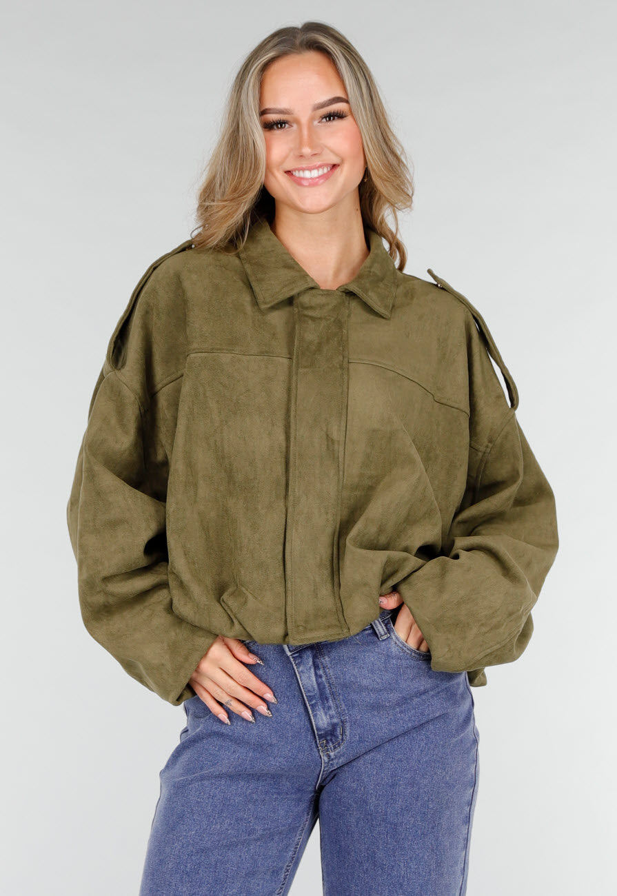 Olijfgroene Oversized Jas van Suède Look met Kraag en Lange Mouwen