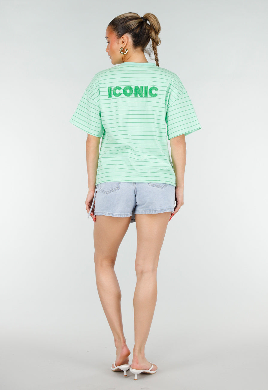 Mintgroen Gestreept Oversized T-shirt met Iconic Opdruk