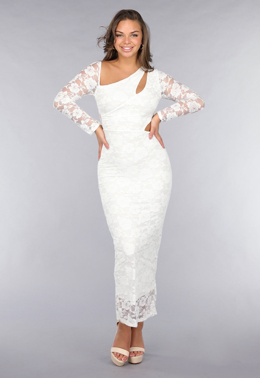 Witte Longsleeve Lace Jurk met Cut-Outs