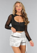 Zwarte Rave Crop Top met Mesh Mouwen en Haaksluiting