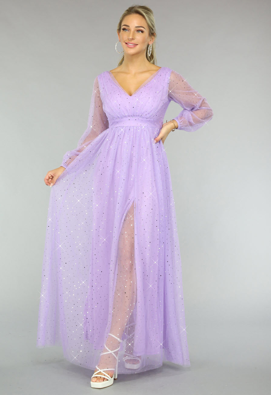Paarse Glitter Maxi Jurk met Mesh Mouwen
