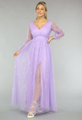 Paarse Glitter Maxi Jurk met Mesh Mouwen
