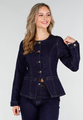 Donkerblauwe Denim Peplum Blazer met Goudkleurige Knopen