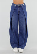 NEW290726 Blauwe Barrel Jeans met Drukknoopdetails en Verstelbare Plooien