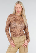 Bruine Semi-Transparante Mesh Top met Paisley Print