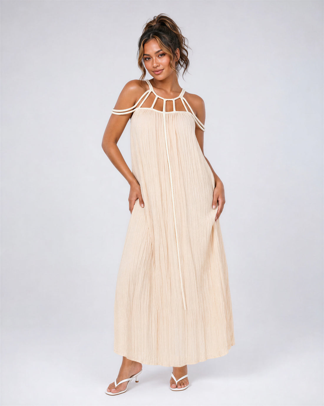 Beige Mousseline Maxi Jurk met Open Rug en Touwdetails