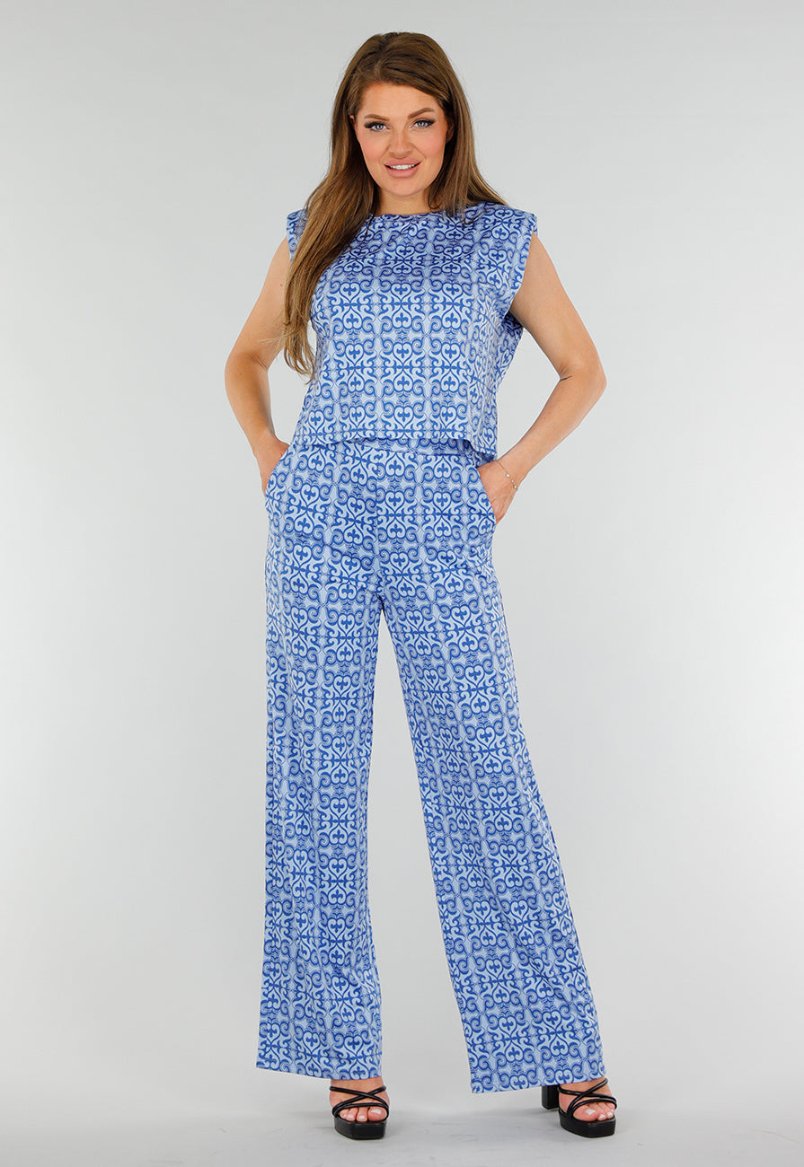 Blauwe High Waist Stretch broek met Barokprint en Elastische Tailleband