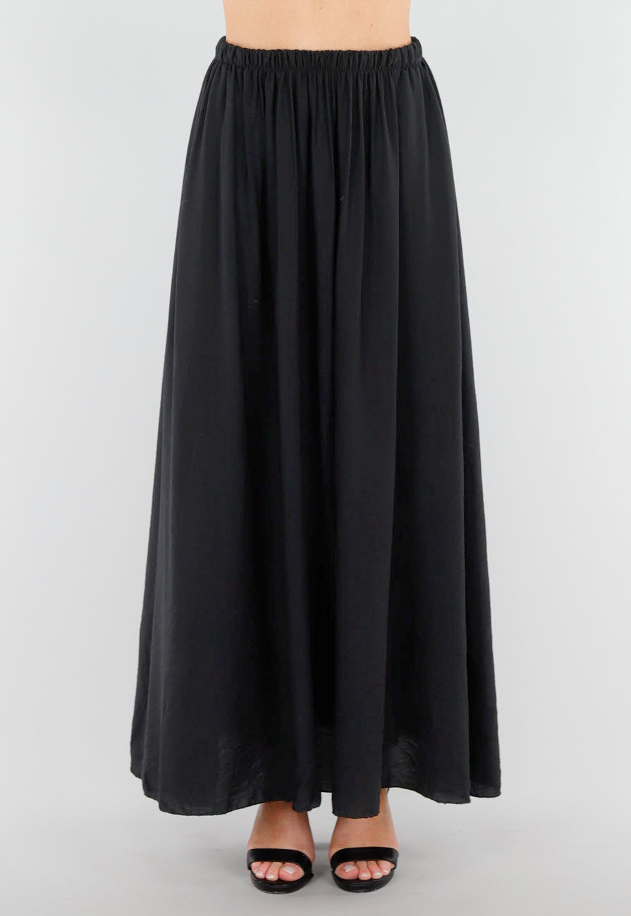 Zwarte Linnenlook Maxi Rok met Elastische Tailleband