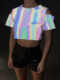 Reflecterende Crop Top met Korte Mouwen en Kettingdetail