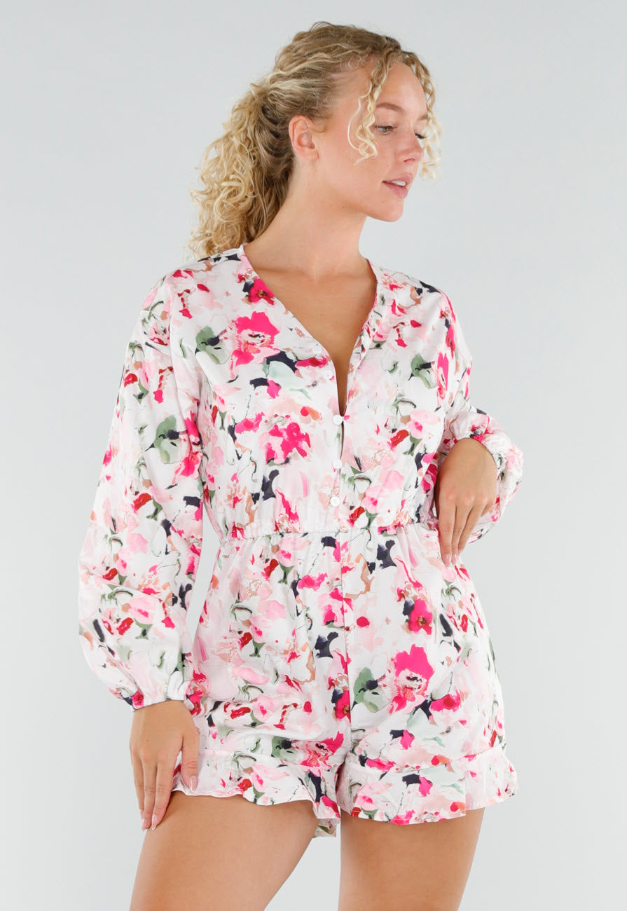 Witte Bloemen Playsuit met Lange Pofmouwen