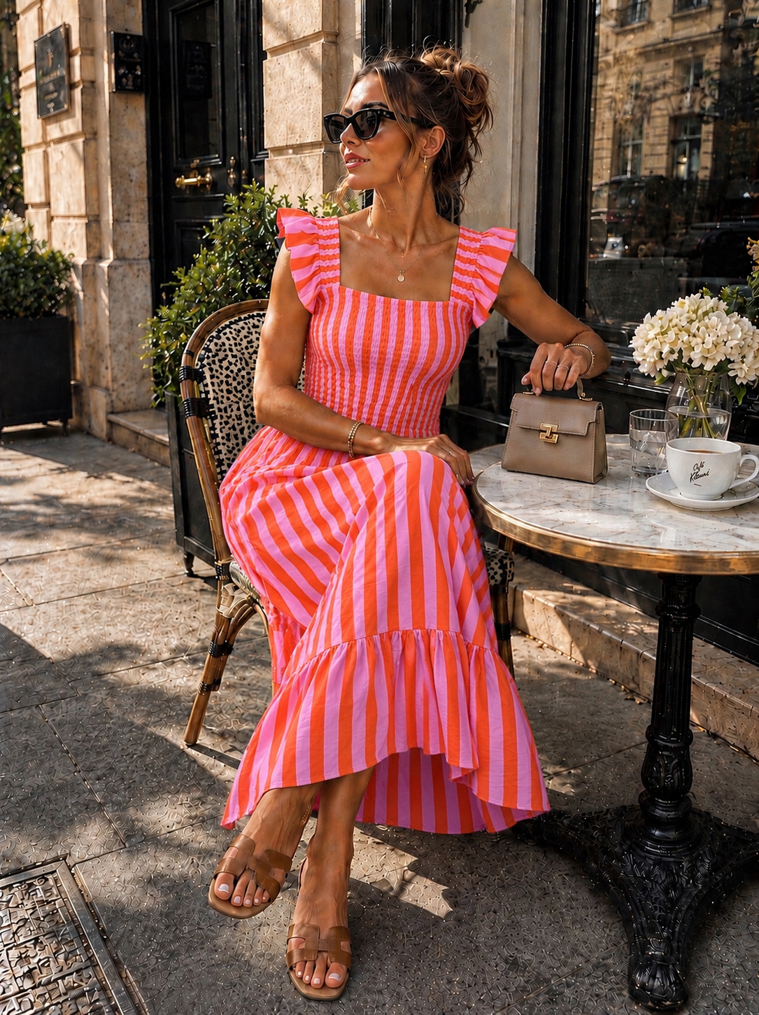 Roze Gestreepte Midi Jurk met Smockdetail en Ruffle Mouwen