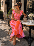Roze Gestreepte Midi Jurk met Smockdetail en Ruffle Mouwen