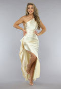 Champagnekleurige Satijnen One Shoulder Jurk met Hoge Split