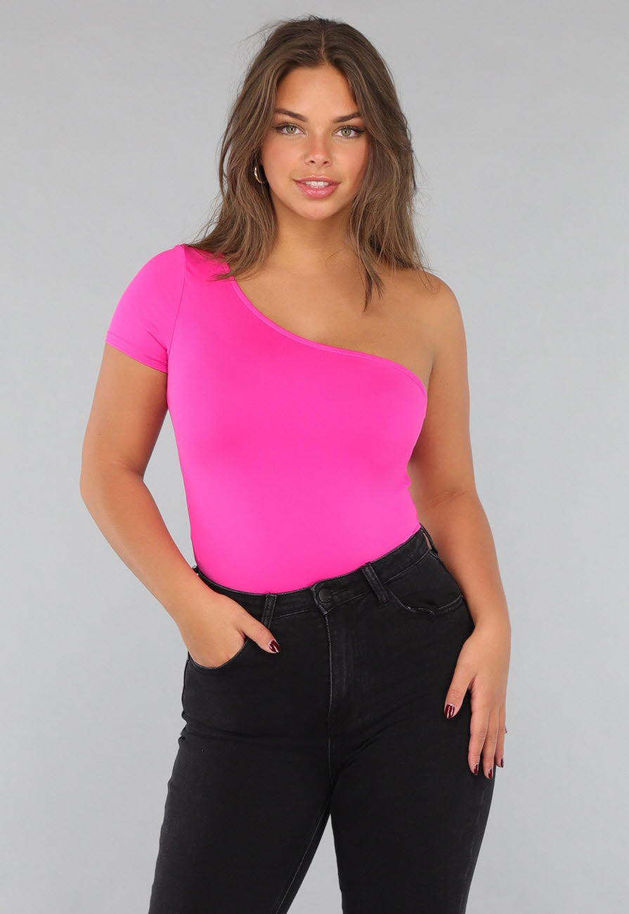 Fel Roze One Shoulder Bodysuit met Korte Mouw