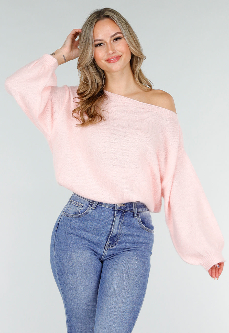 Roze One Shoulder Trui met Wijde Mouwen in Zachte Stof
