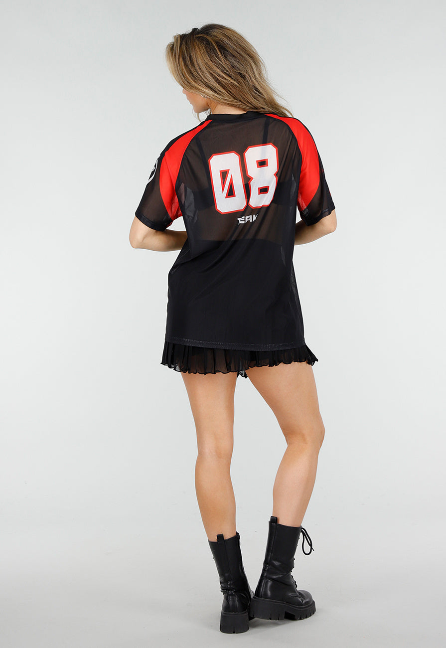 Zwart Rood Mesh Jersey T-Shirt met Print en V-hals