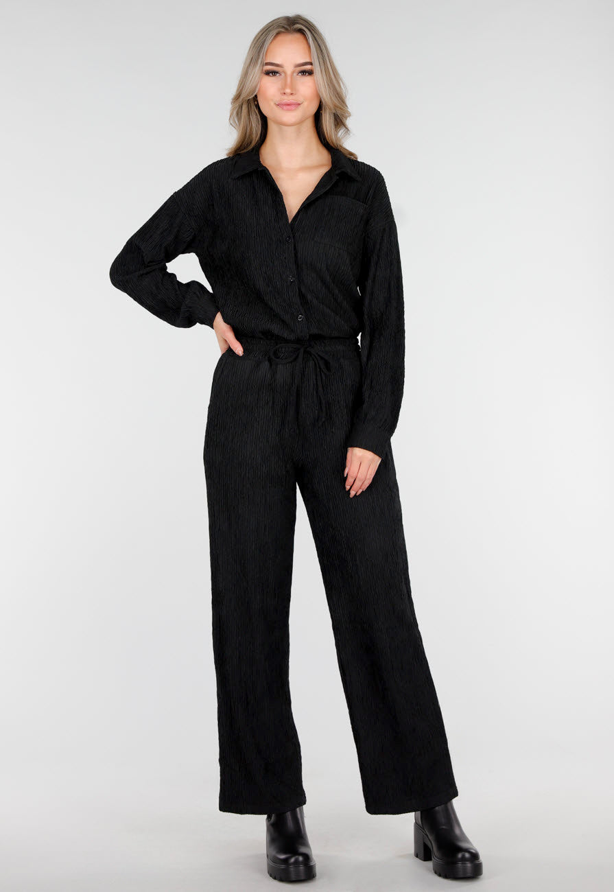 Zwarte Stretch Two Piece Set met Losvallende Blouse en Rechte Broek