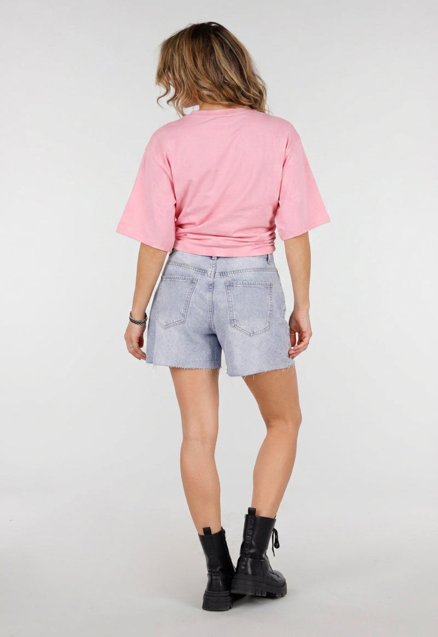 NEW150726 Roze Oversized T-Shirt met Halflange Mouwen en Geplooid Detail