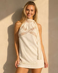 NEW150726 Beige Halter Top met Kant en Sjaalkraag
