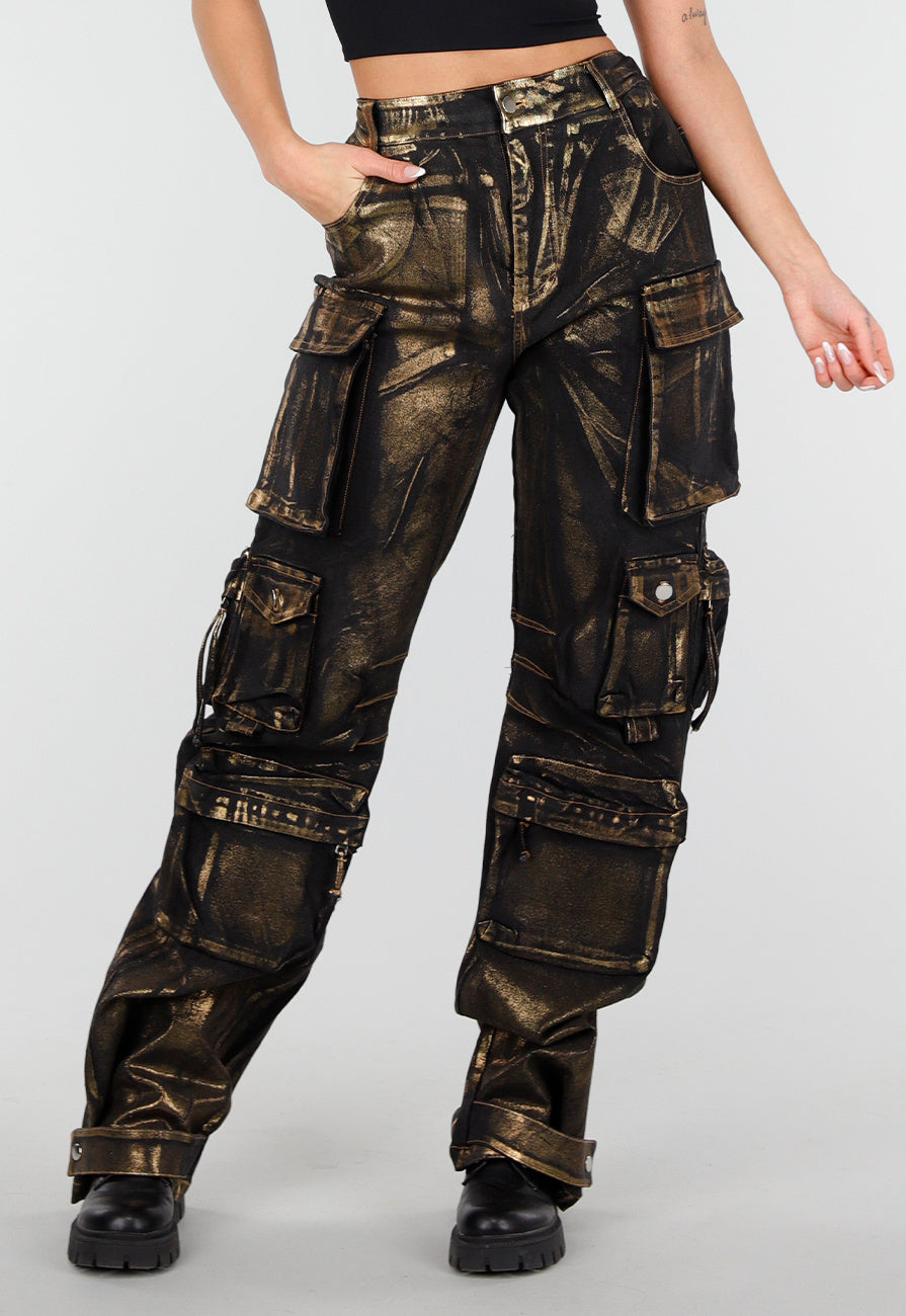 Zwarte Cargo Jeans met Gouden Metallic Coating en Zakken