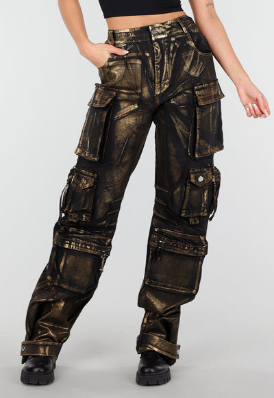 Zwarte Cargo Jeans met Gouden Metallic Coating en Zakken