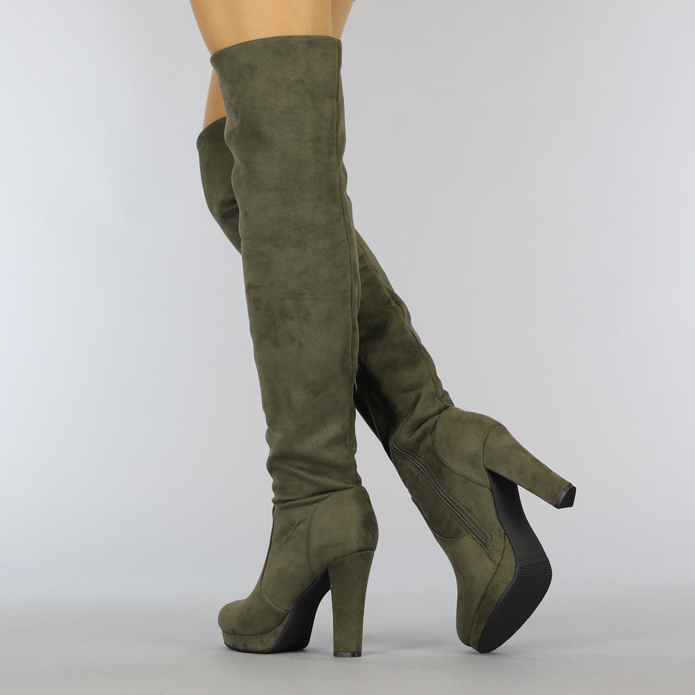 Kaki Suède-Look Overknee Laarzen met Hak