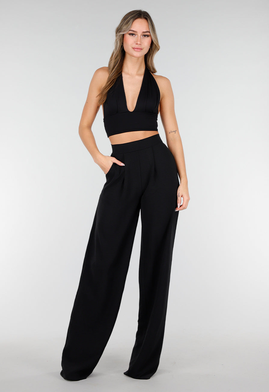 High Waist Zwarte Linnen Look Tall Broek met Tailleband
