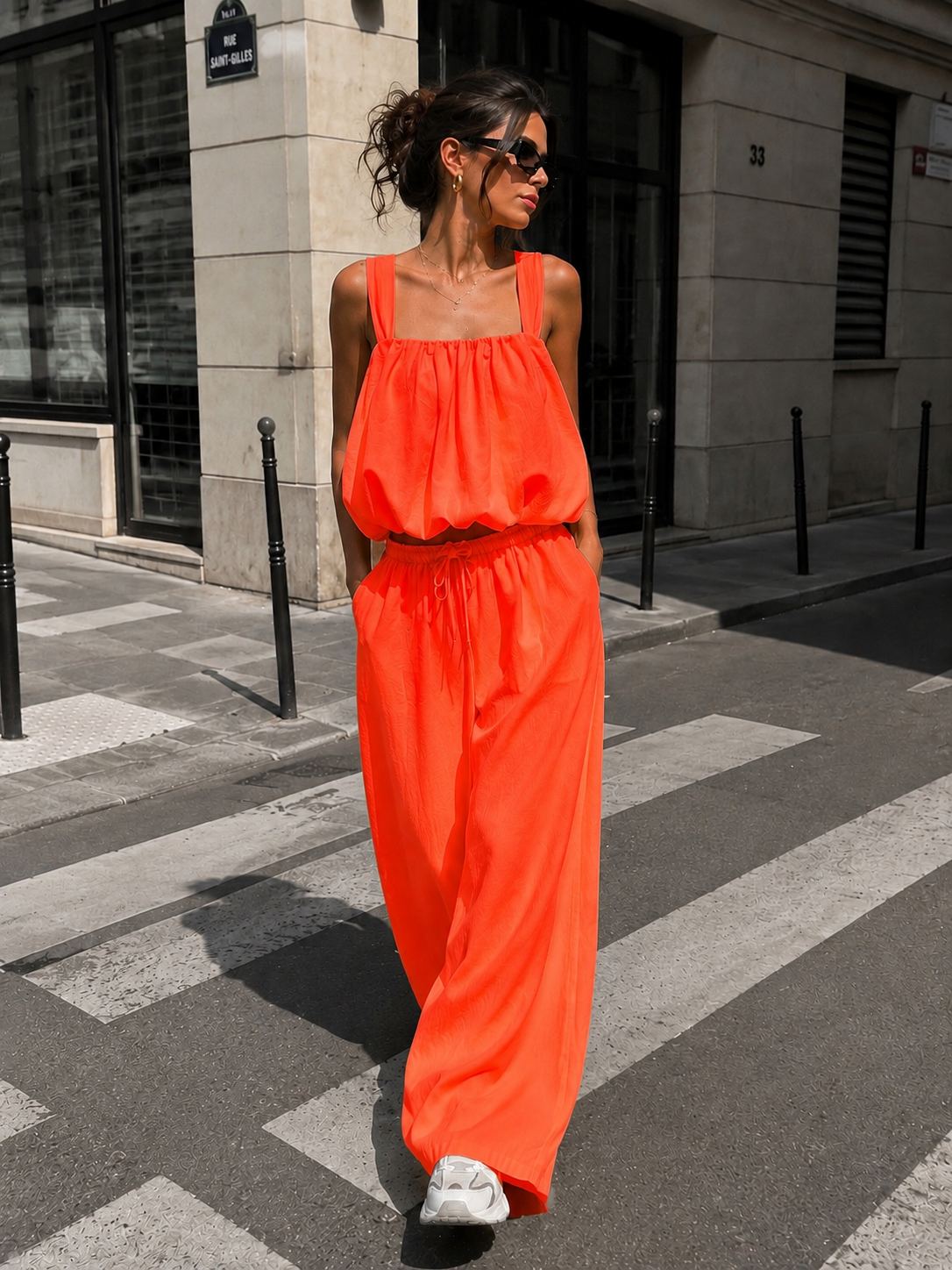 NEW150726 Neon Oranje Stretch Two Piece Set met Mouwloze Top en Wide Leg Broek