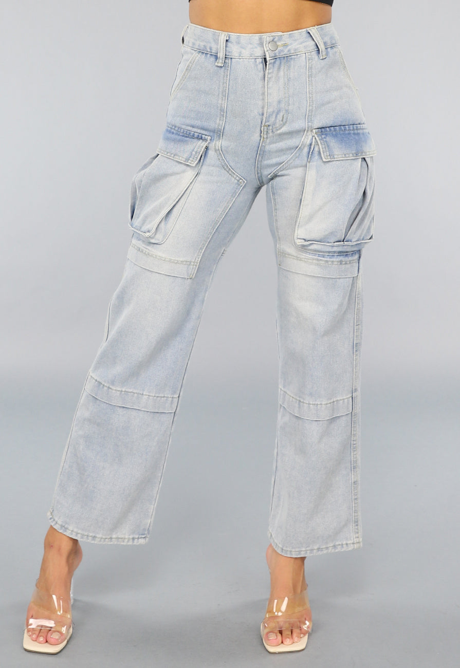 Blauwe Utility Jeans met Wijde Pijpen en Zakken
