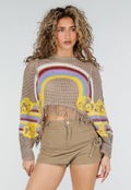 Beige Gehaakte Top met Regenboogprint en Franjes