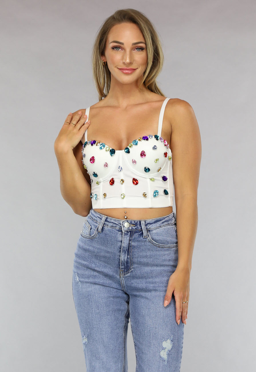 Witte Bustier met Grote Multicolor Strass
