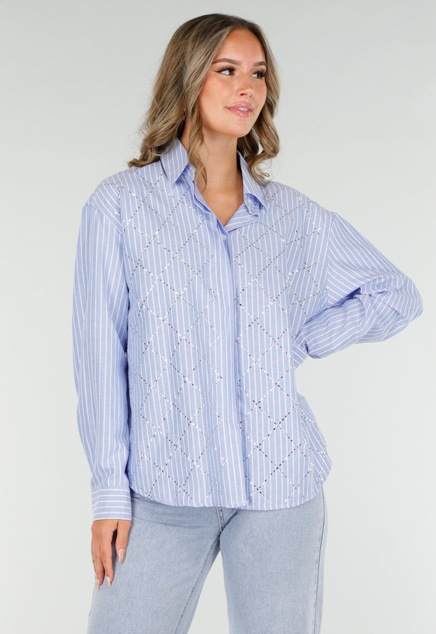 Blauw-Wit Gestreepte Blouse met Strass Steentjes