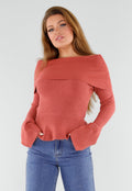 Terracotta Off Shoulder Gebreide Trui met Uitlopende Mouwen