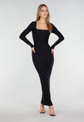 Zwarte Super Stretch Maxi Jurk met Lange Mouwen en Push Up Pads