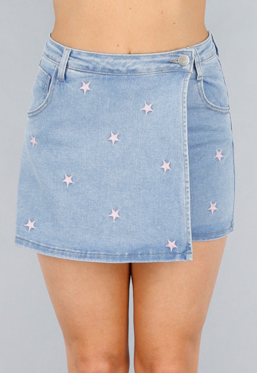 Denim Stretch Skort met Roze Sterren en Overslag
