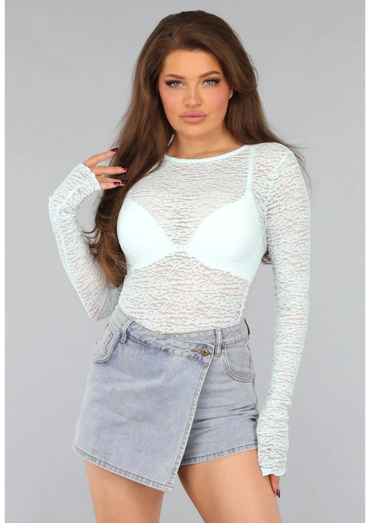 See Through Lichtblauwe Kanten Longsleeve Top