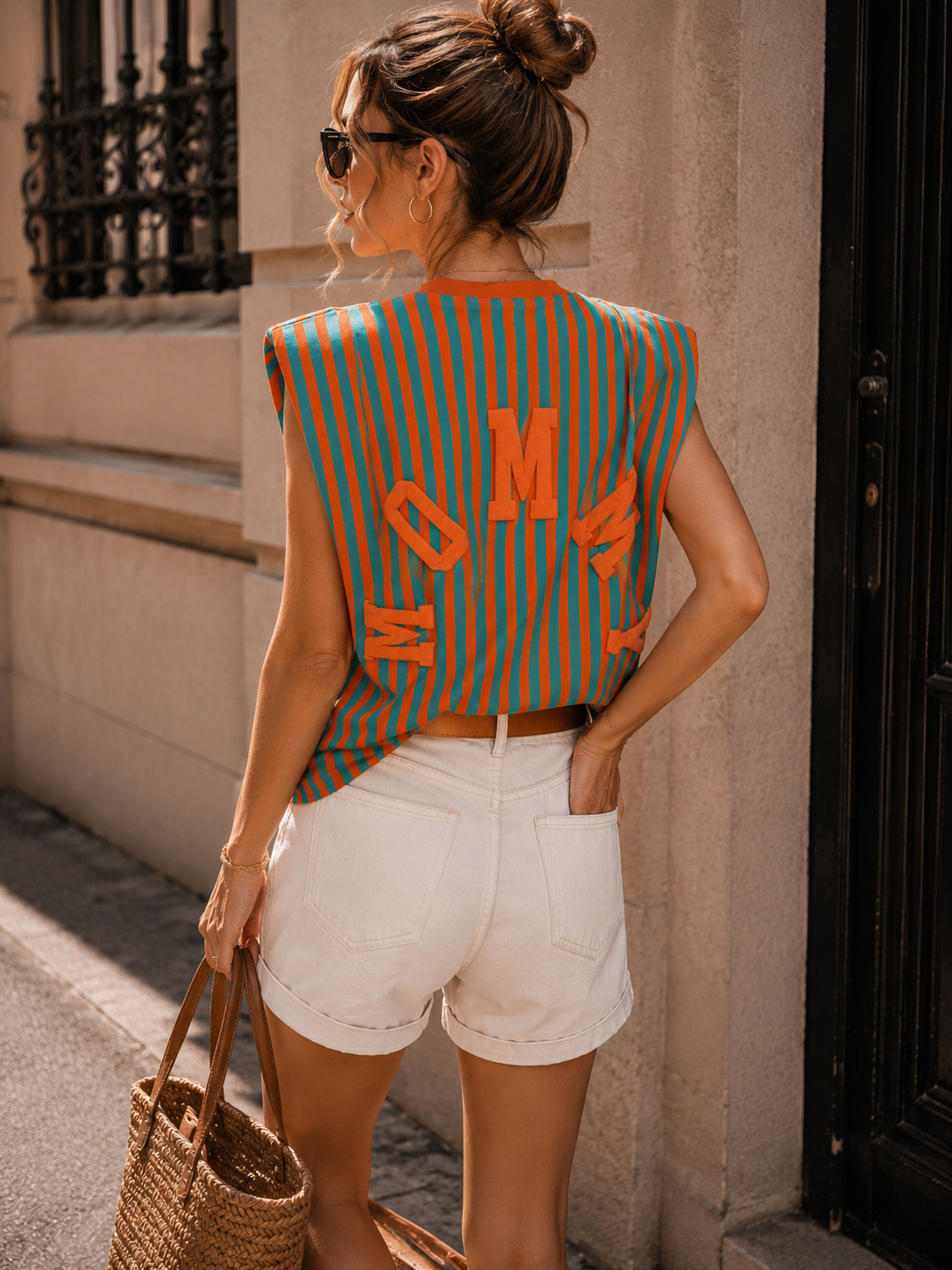 NEW150726 Turquoise Gestreepte Top met Schoudervullingen en Mommy Opdruk