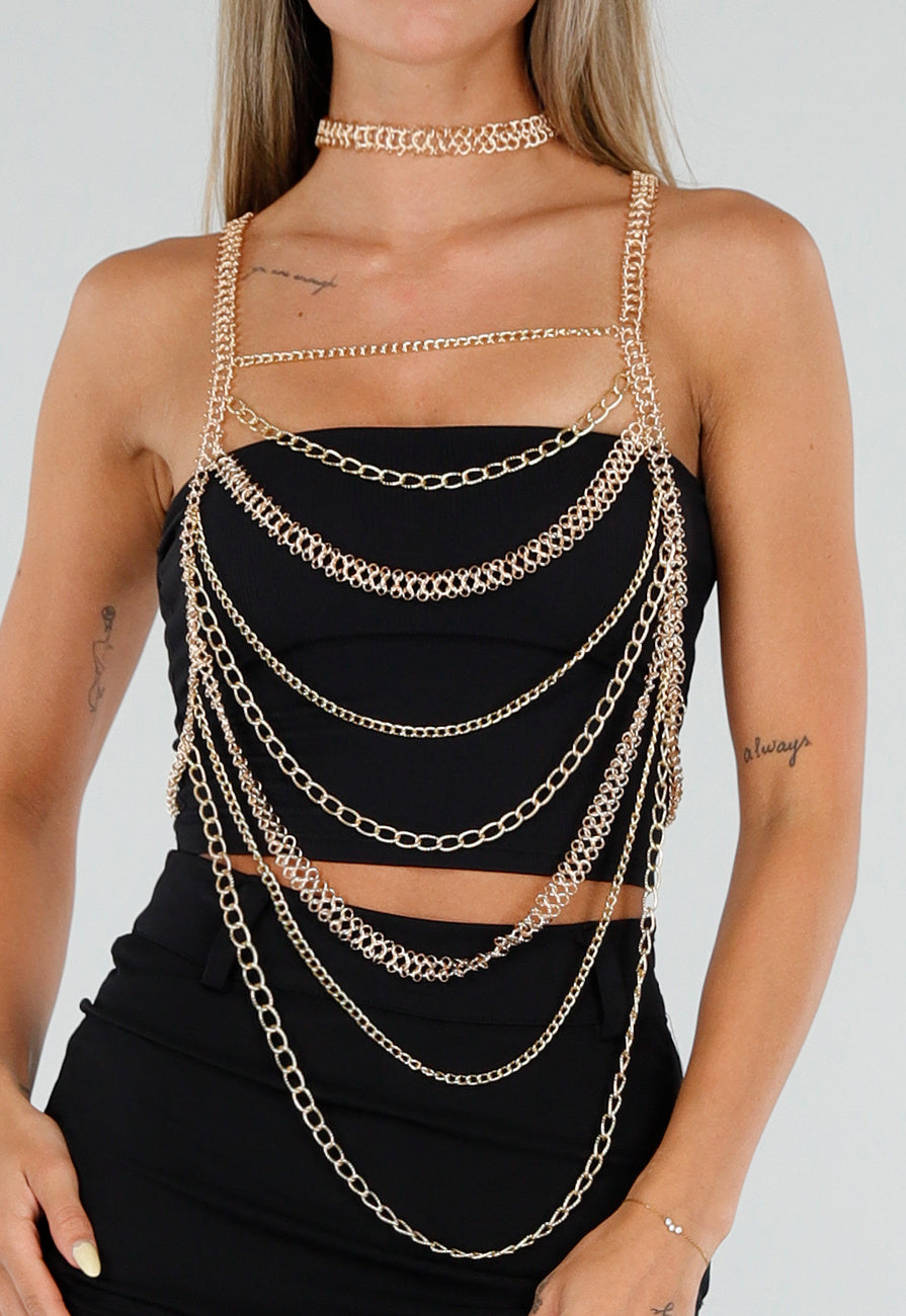 NEW120826 Goudkleurige Bodychain met Choker en Verstelbare Rugsluiting
