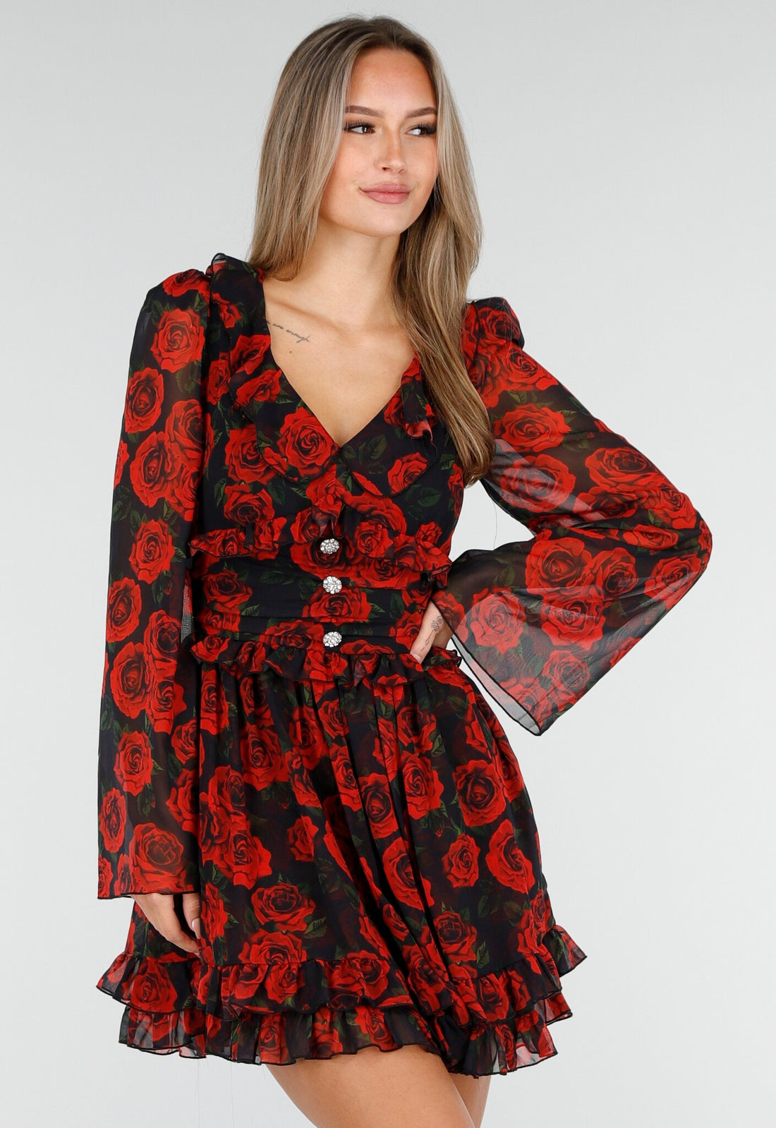 Mini Jurk met Lange Mouwen en Bloemenprint