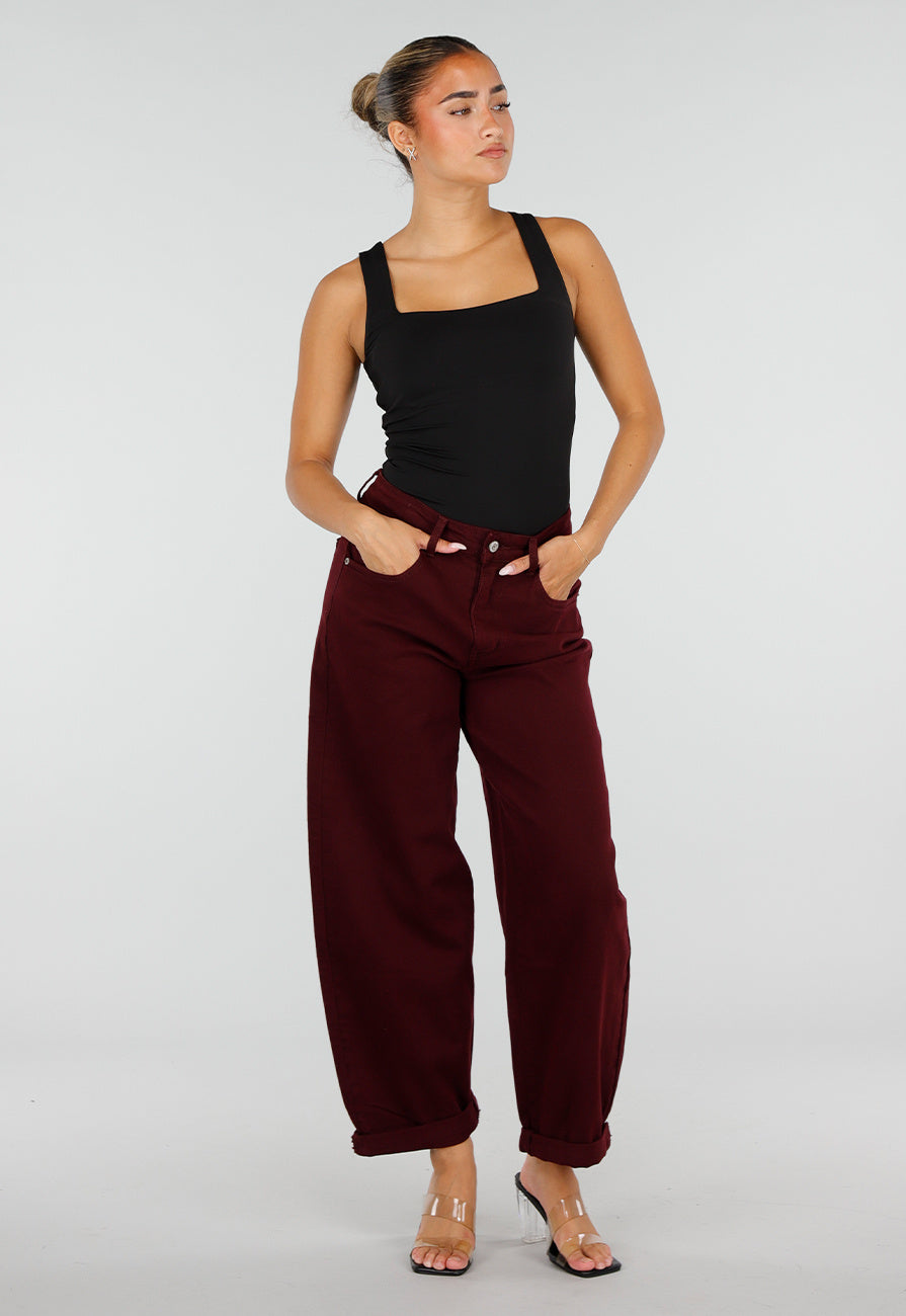 NEW120826 Bordeaux Barrel Jeans met Hoge Taille