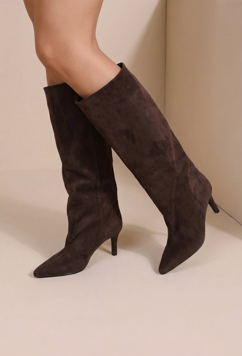 NEW190826 Bruine Suèdelook Hoge Laarzen met Puntneus en Kitten Heel