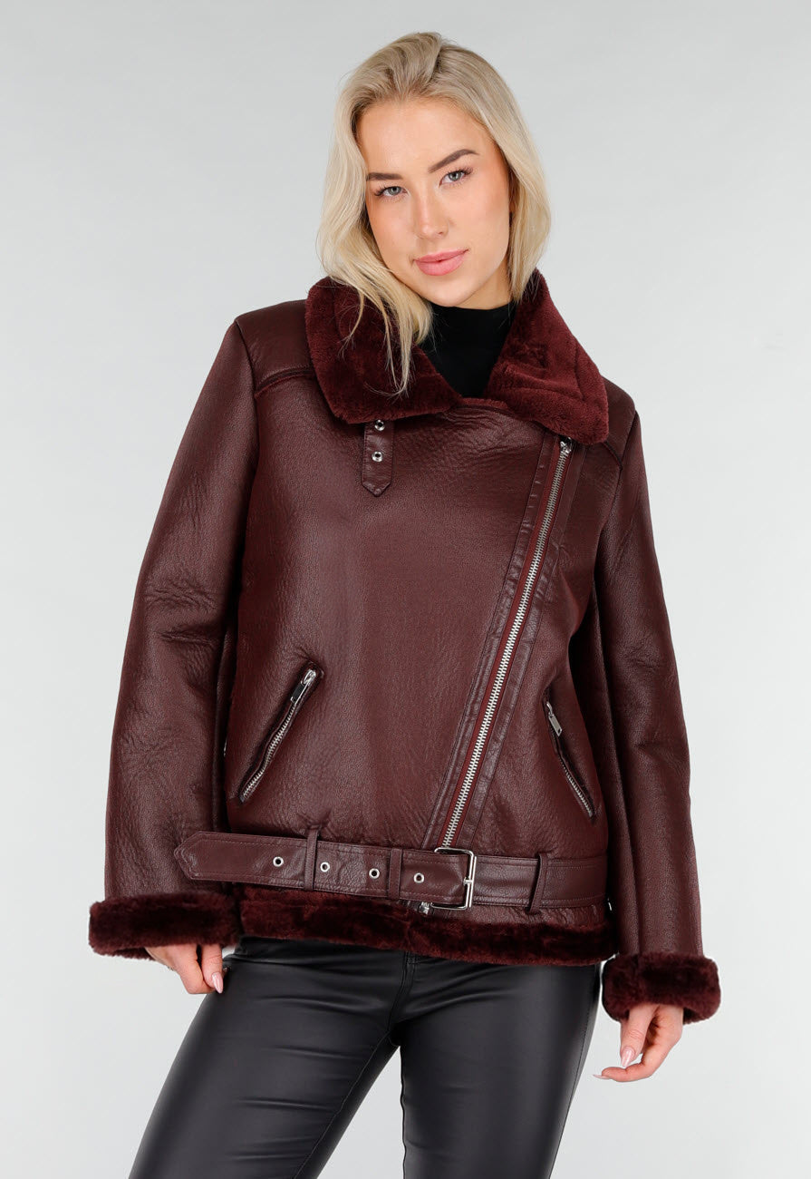 Bordeaux Rode Imitatie Leren Biker Jas met Faux Fur