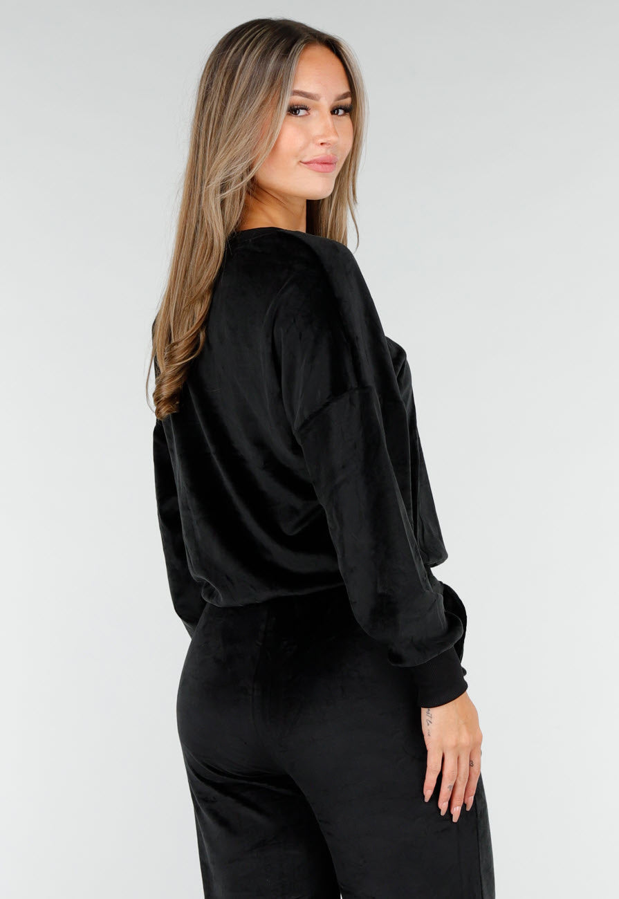 Zwart Velours Huispak met Lange Mouwen en Wijde Broek