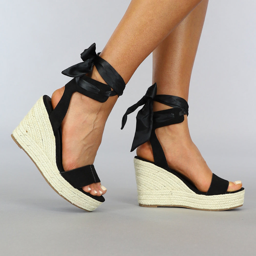 Zwarte Boho Sleehak Sandaletten met Strikdetail
