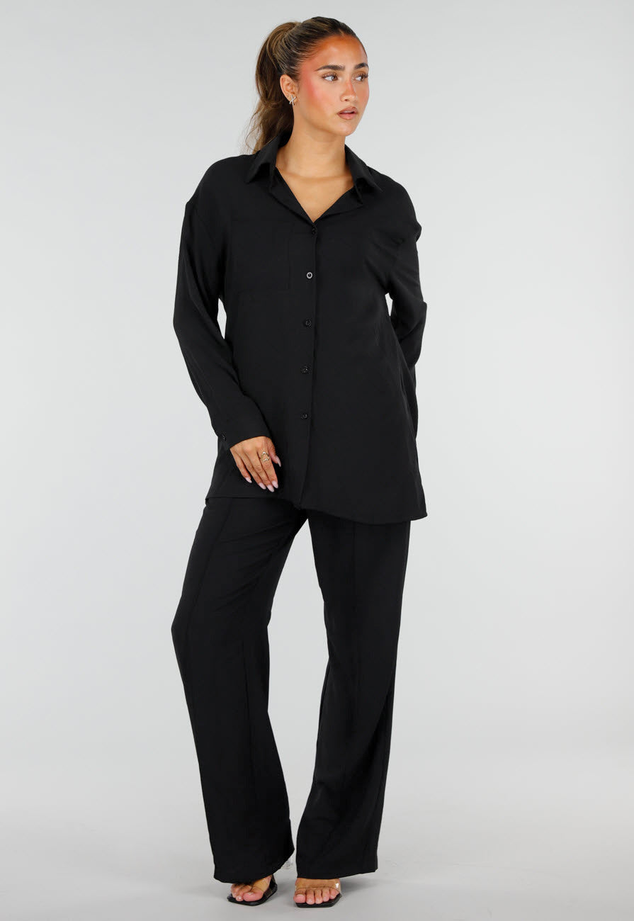 NEW290726 Zwarte Wide Leg Broek met Elastische Taille en Strikkoord