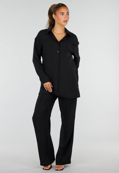 NEW290726 Zwarte Wide Leg Broek met Elastische Taille en Strikkoord